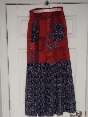 Wide-Leg Patchwork Palazzo Pants in Red and Navy - Women's Flowing Trousers